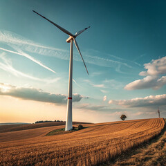 Wind Turbine in a Golden Field at Sunset