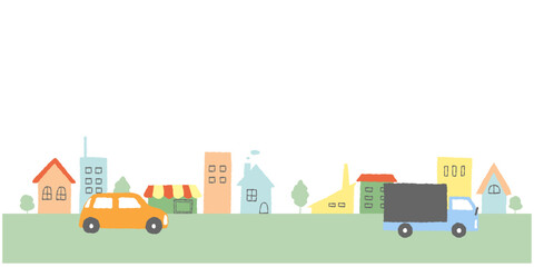 パステルカラーの街並みと車のかわいい手描きイラスト