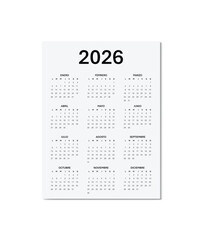 Spanish Calendar for 2026. Scheduler, Agenda or Diary Template.