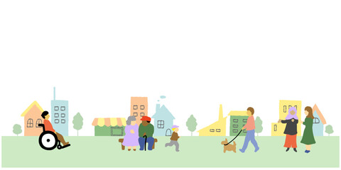 いろいろな人々がいる街並みのかわいい手描きイラスト