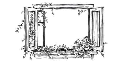 A sketch of a rustic window with open shutters and a window box full of blooming roses and climbing vines.