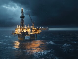 Offshore oil platform illuminated in stormy weather with dark sky and turbulent ocean scene