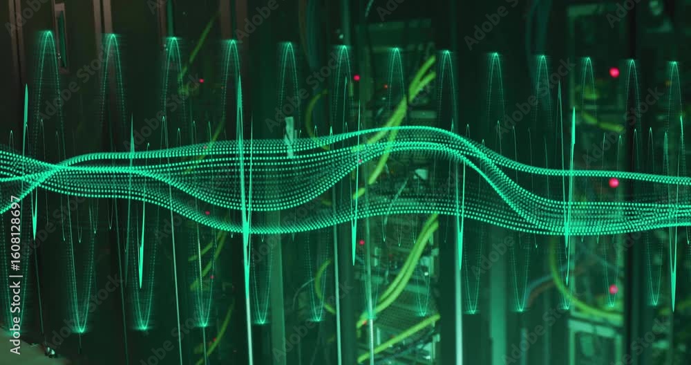 Poster upon receiving data, server rack showing green waveform sweeping and dipping to show network flow
