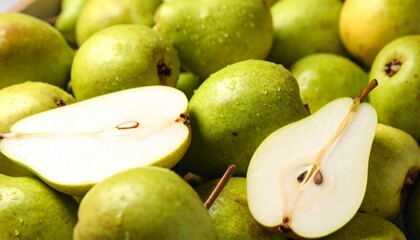 Close-up on ripe green pears with halves