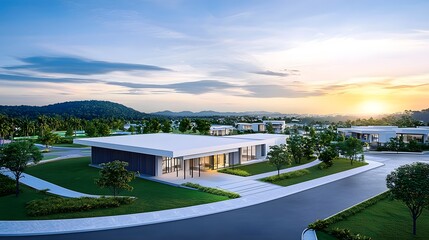 Vibrant urban landscape with mixed use developments and green spaces