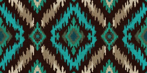 Ikat pattern, turquoise and brown color scheme, symmetrical. --ar 2:1 --v 7 Job ID: e288136e-1bed-4626-bfef-523ffa271edd