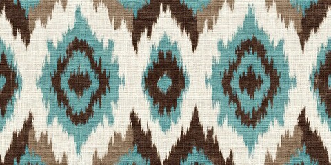 Ikat pattern, turquoise and brown color scheme, symmetrical. --ar 2:1 --v 7 Job ID: e288136e-1bed-4626-bfef-523ffa271edd
