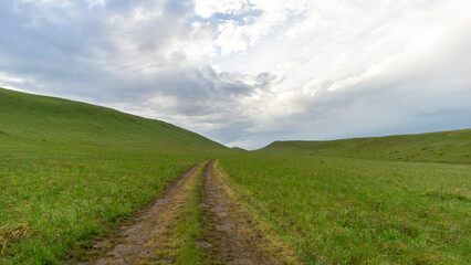 Scenic rural landscape featuring a winding dirt path through lush green grasslands under a dramatic sky with clouds, inviting exploration and connection to nature's beauty