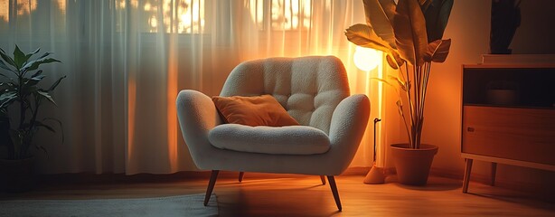 cozy interior chair with warm lighting, hygge style interior chair, relaxing interior chair atmosphere