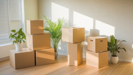 Bright living room with stacked cardboard boxes during relocation preparation