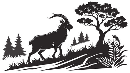 Silhouette of a goat standing near a tree with forest in the background in black and white style