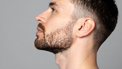 Fototapeta premium Profile view of a young man with short hair and a beard, gazing upward.