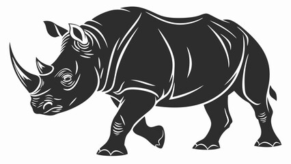 Illustration of a rhinoceros walking with detailed features and a bold black and white color scheme design