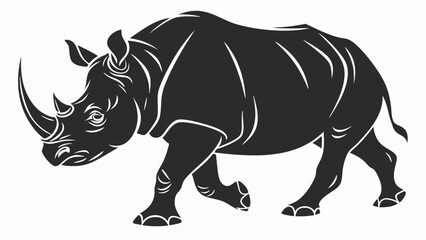 Fototapeta premium Silhouette illustration of a rhinoceros with prominent horns walking on a white background