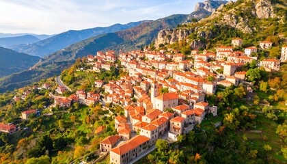 High-angle view of a charming village nestled in a mountain valley. Colorful terracotta roofs, surrounded by autumn foliage. Misty mountains in the background