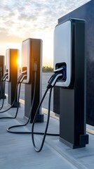 Electric vehicle charging station at sunset &ndash; modern EV charging station for clean energy, row of electric vehicle charging station for sustainable transport solutions