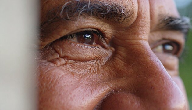 Close-up of an older man's face, focusing on his brown eyes and wrinkled skin, looking off to the side. - Powered by Adobe