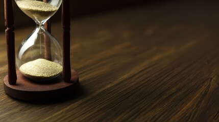 A close-up of an hourglass with flowing sand on wood, symbolizing the passage of time with warm lighting.