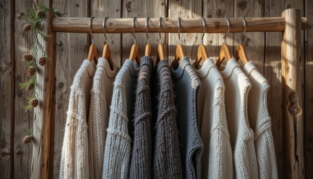 Rustic wardrobe display of knitted sweaters and a garland of pine cones - Powered by Adobe