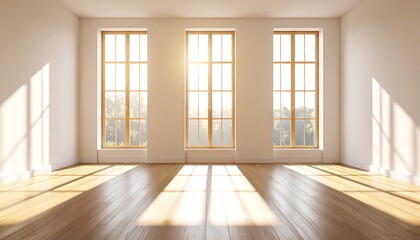 Sunlit empty room with large windows