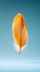 Floating golden feather on blue background – delicate golden feather with soft white fluff, minimal golden feather design for elegance and golden feather visual art