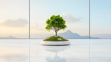 Miniature green tree on modern platform – serene green tree in minimalist room, peaceful green tree scene with mountain view and green tree concept art