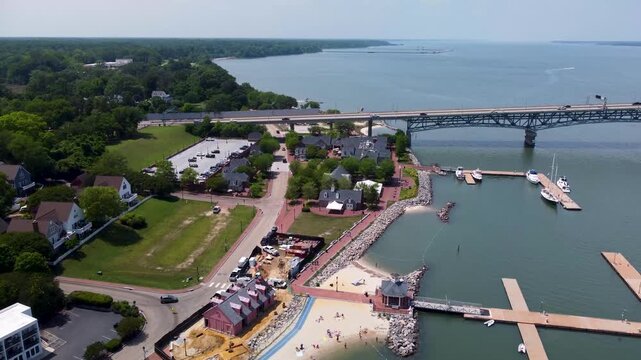 Yorktown, Virginia aerial cinematic video of the waterfront, beaches, marina, and surrounding buildings along the York River.