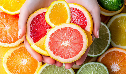 Fototapeta premium Colorful Citrus Fruit Slices Held in Hands Against Vibrant Background
