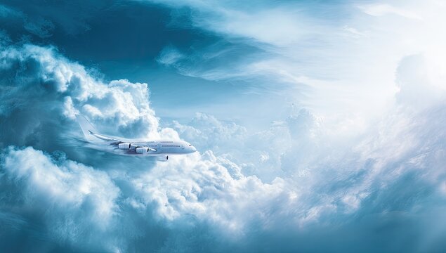 Airplane soaring through dramatic clouds