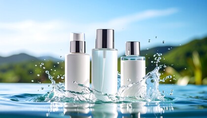 Skincare bottles in water splash