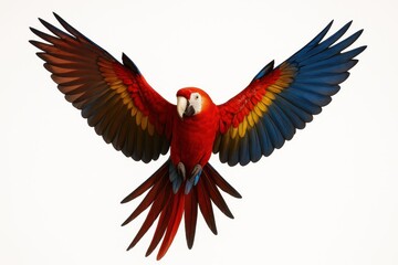 Fototapeta premium Brilliant Tropical Scarlet Macaw in Dynamic Flight Pose Against Clean Studio Background