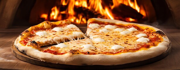 Woodfired margherita pizza with melted cheese – classic margherita pizza baked in woodfired oven, hot margherita pizza with crispy crust and gooey cheese
