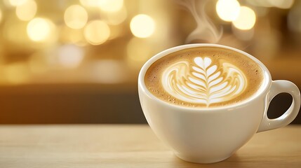 Hot latte coffee in white cup – steaming latte coffee with elegant latte art for cozy latte coffee moments and latte coffee photography