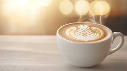Hot latte coffee in white cup – steaming latte coffee with elegant latte art for cozy latte coffee moments and latte coffee photography