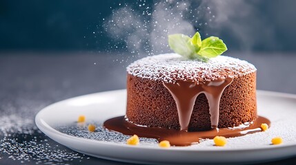 Chocolate lava cake dessert – molten chocolate lava cake with sugar dust and mint, elegant chocolate lava cake for dessert lovers and chocolate lava cake photography