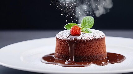Chocolate lava cake dessert – molten chocolate lava cake with sugar dust and mint, elegant chocolate lava cake for dessert lovers and chocolate lava cake photography
