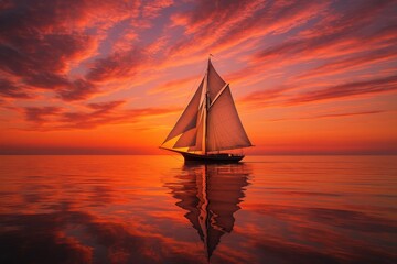 Fototapeta premium Elegant sailboat silhouette against dramatic sunset sky with golden reflection rippling across calm ocean waters