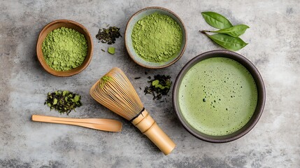 Traditional matcha tea set – Japanese matcha tea with bamboo whisk, organic matcha tea powder in bowls for ceremonial matcha tea preparation