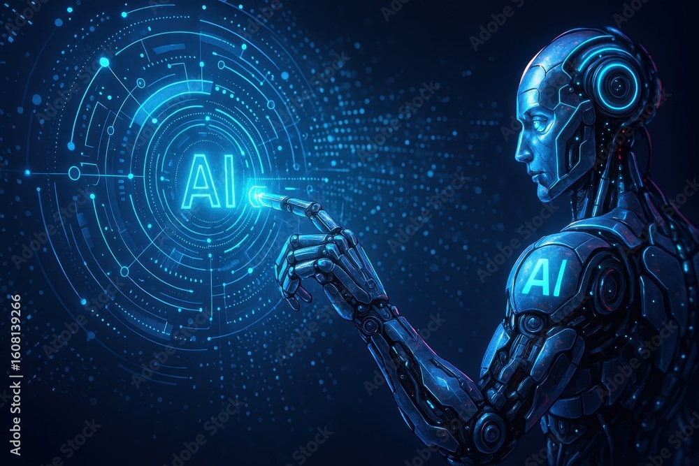 Aufkleber futuristic robotic hand with holographic fingertip interface on high-tech cyber background