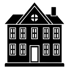 Two Story House with Many Windows and Chimney Black and White