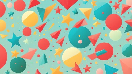 Colorful Geometric Pattern of Circles Stars and Triangles on Light Blue