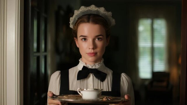 Attractive woman dressed as a maid serving tea on a tray in a traditional house