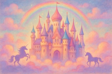 Fototapeta premium Magical rainbow unicorn castle floating in dreamy cloud kingdom with fantasy landscape elements