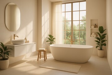 Minimalist white bathroom with abundant natural sunlight streaming through large windows