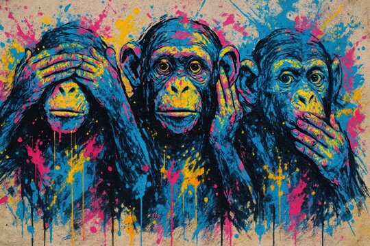 Modern interpretation of three wise monkeys in contemporary street art style with vibrant color splashes