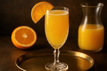 Sparkling Mimosa cocktail in elegant flute glass with fresh orange garnish on pristine white background