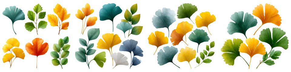 Multiple ginkgo leaves in various shades of green, yellow, orange, and blue, displayed in an artistic arrangement.