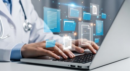 Doctor using laptop with futuristic medical data visualization