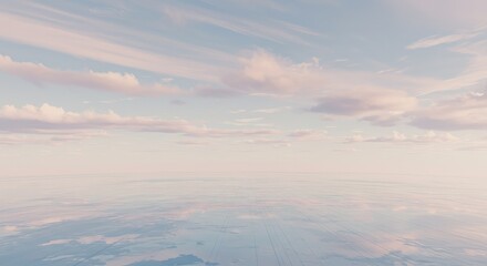 A serene, pastel-toned view of a vast sky and clouds, seemingly from an aerial perspective. Soft, diffused light creates a dreamy atmosphere