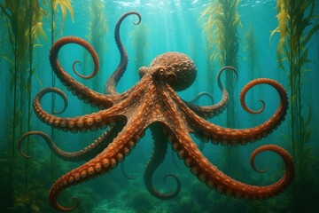 Majestic giant Pacific octopus with flowing tentacles gracefully swimming through kelp forest in crystal clear ocean waters